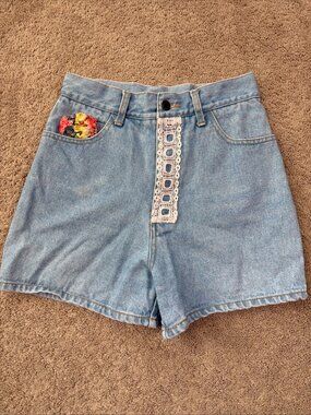 Vintage Ricochet Denim Shorts Women 9 Blue Made in USA Cotton Cottage Flower 90s